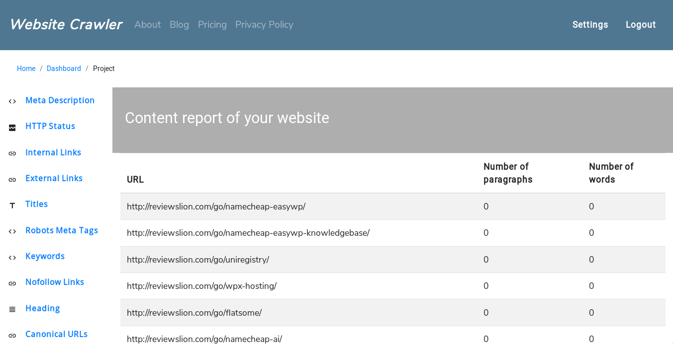 website crawler thin content report