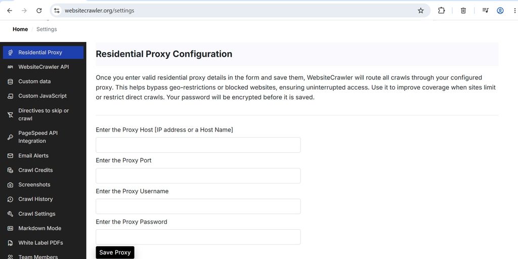 Website Crawler Proxy Settings
