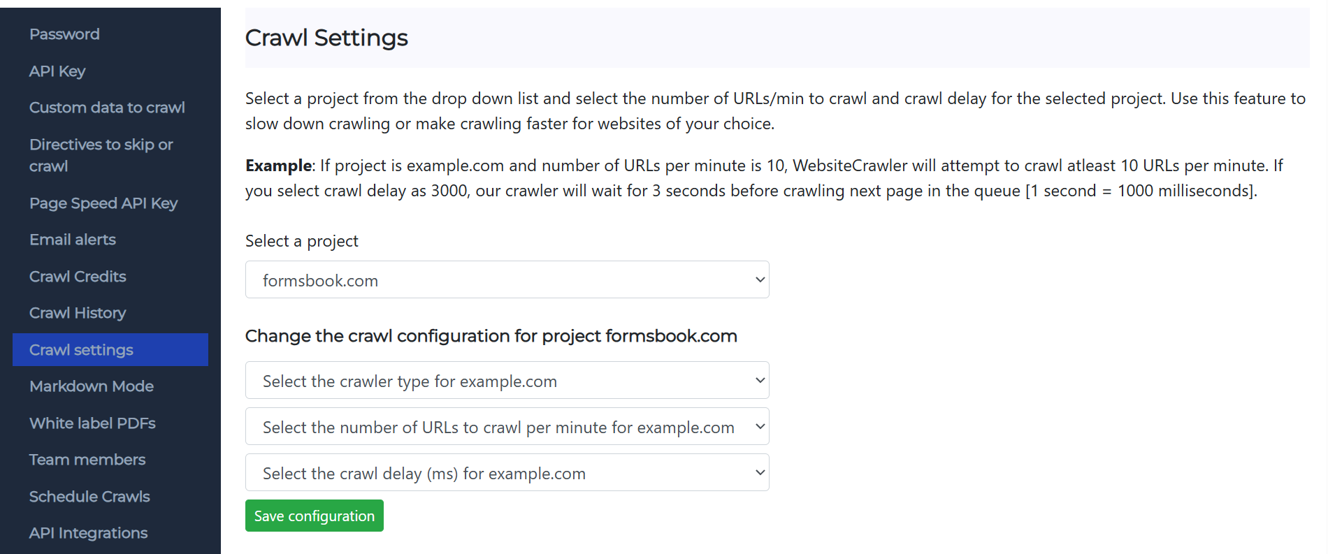 website crawler settings